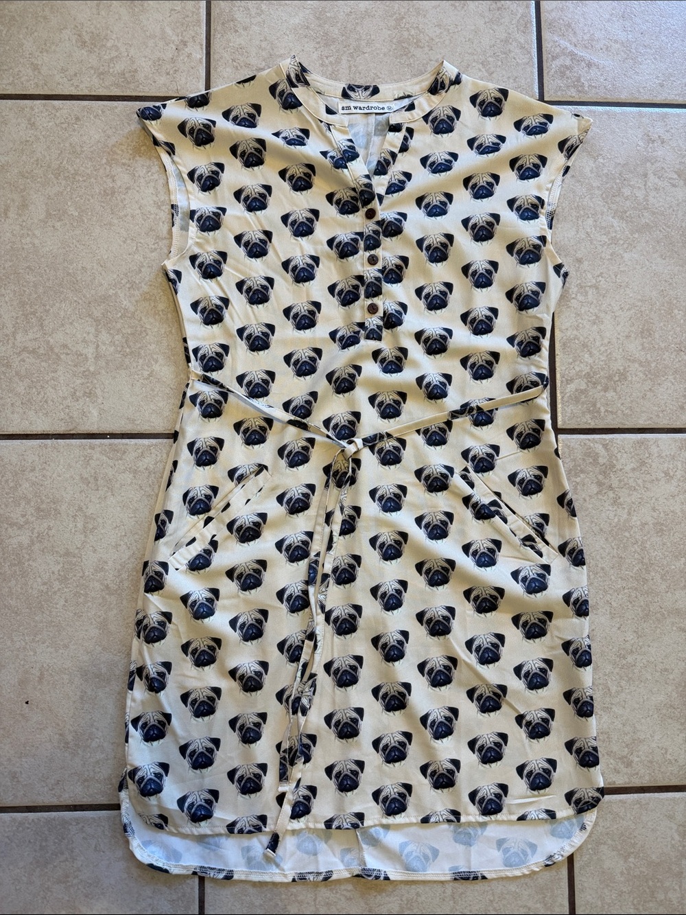 Wardrobe by Me Beige Pug Print Midi Dress